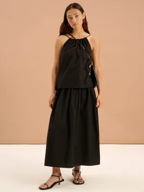 Darcie Drop Waist Full Midi Skirt in Black